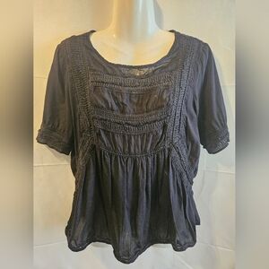 AMUSE Society Black Boho Crochet Trim Peasant Top Size Small Flowy Festival
